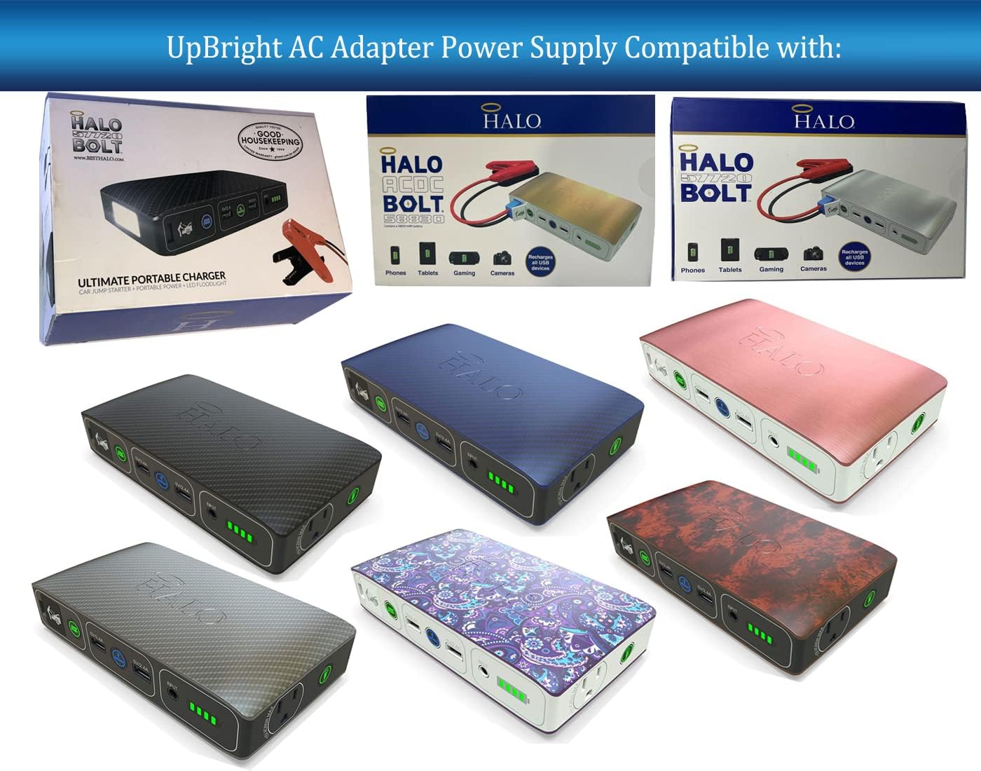 UpBright 14V AC/DC Adapter Compatible with Halo Bolt 57720 ACDC 58830 44400 1201 HO-1201 Wireless Car Jump Starter Power Bank 126725 126753 126794