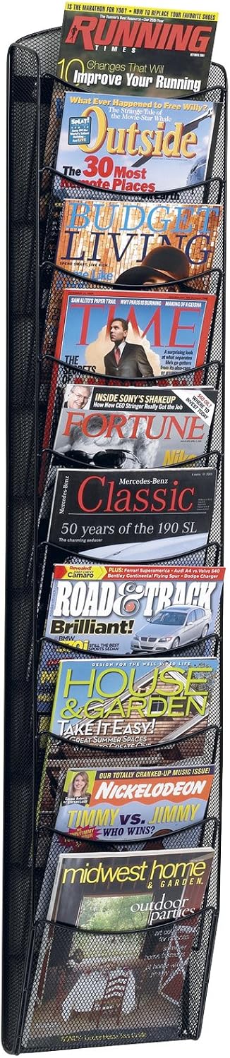 Safco Onyx Mesh Magazine Holder, Display Rack with 10 Pockets, Brochure Organizer, Commercial-Grade Steel Construction, Black
