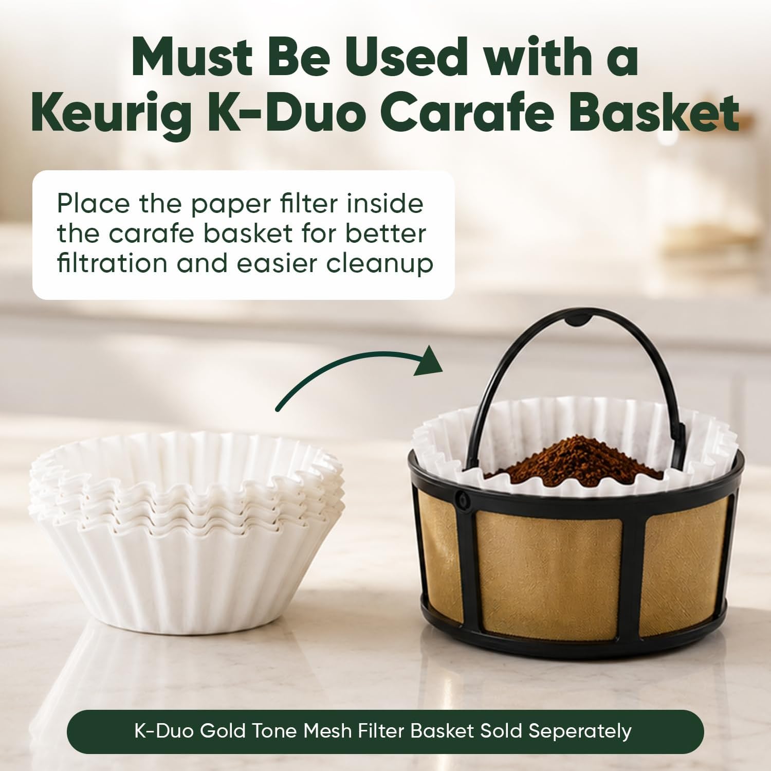 Keurig K-Duo Paper Coffee Filters 100 Pack by PureHQ - Fits Mesh Basket