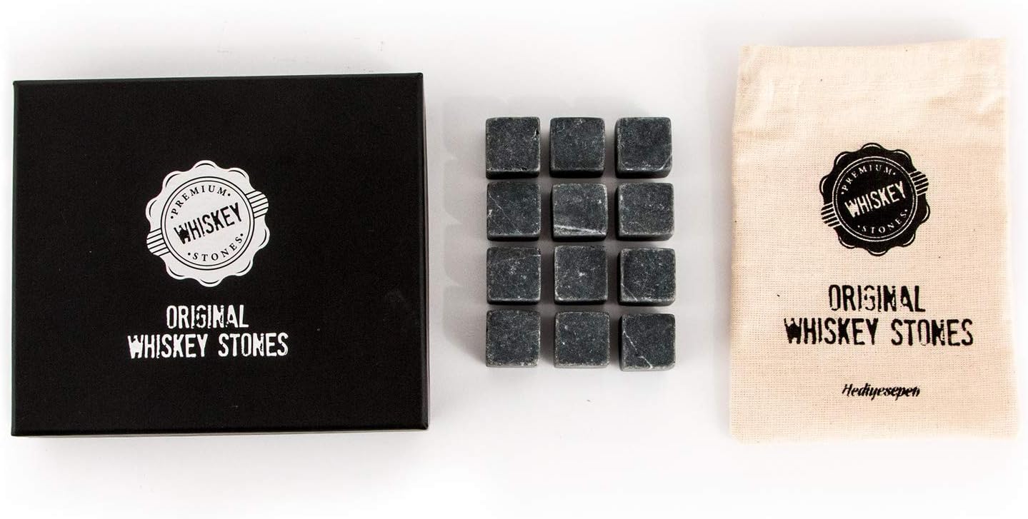 Premium Whiskey Stones Gift Set with 12 Pcs Stones and Bag. Whiskey, Bourbon, Cognac, Scotch, Gin