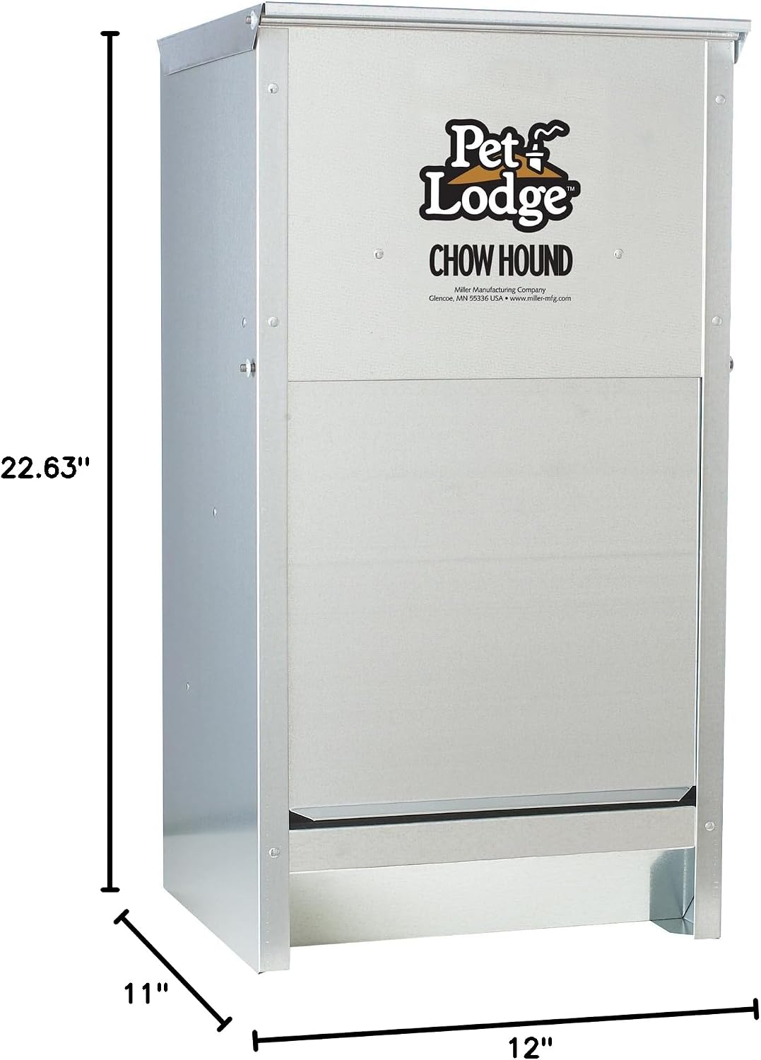 Pet Lodge® Automatic Dog Feeder | Chow Hound Outdoor Pet Feeder | Tough Galvanized Steel | Made in USA (25 lb) | Easy Access Magnetized Door and Angled Chute for Dogs, Silver, 1 Pack