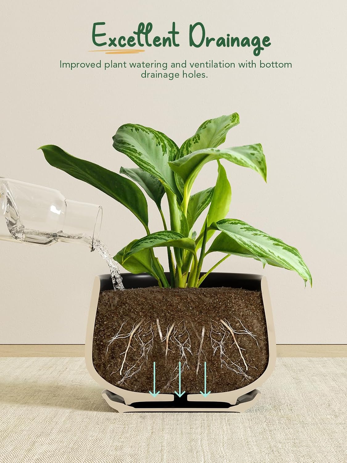 LE TAUCI Plant Pots, 4.1+5.1+6.5 inch, Set of 3, Ceramic Planters with Drainage Hole and Saucer, Indoor Flower Pot with Hole Mesh Pad, Gifts for Mom
