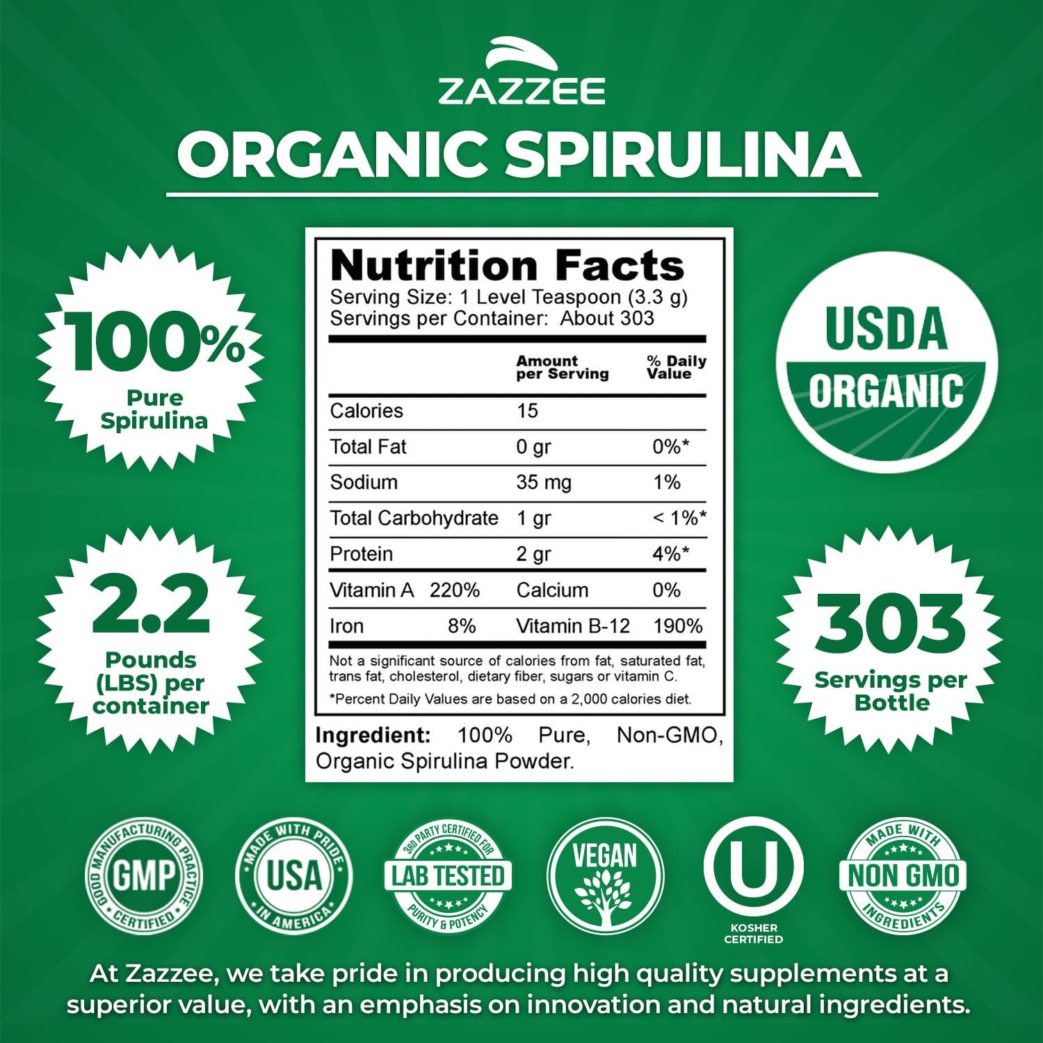 Zazzee USDA Organic Spirulina Powder, 2.2 Pounds (1 KG), 303 Servings | Certified Kosher, 100% Pure, Non-Irradiated, Mess-Free Wide Mouth Container, Fresh Smell, Neutral Taste, Non-GMO, Made in USA