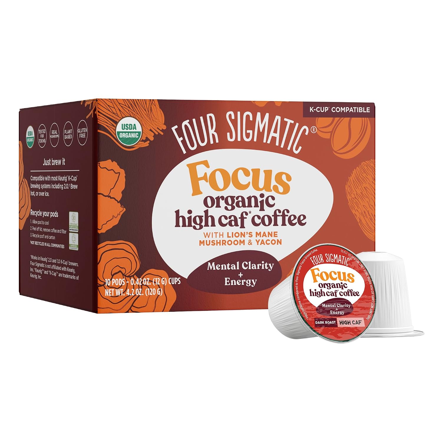 Four Sigmatic Mushroom Coffee K-Cups | Organic Dark Roast Coffee with Lion’s Mane Mushroom Powder & Yacon | Focus & Immune Support | Vegan & Keto