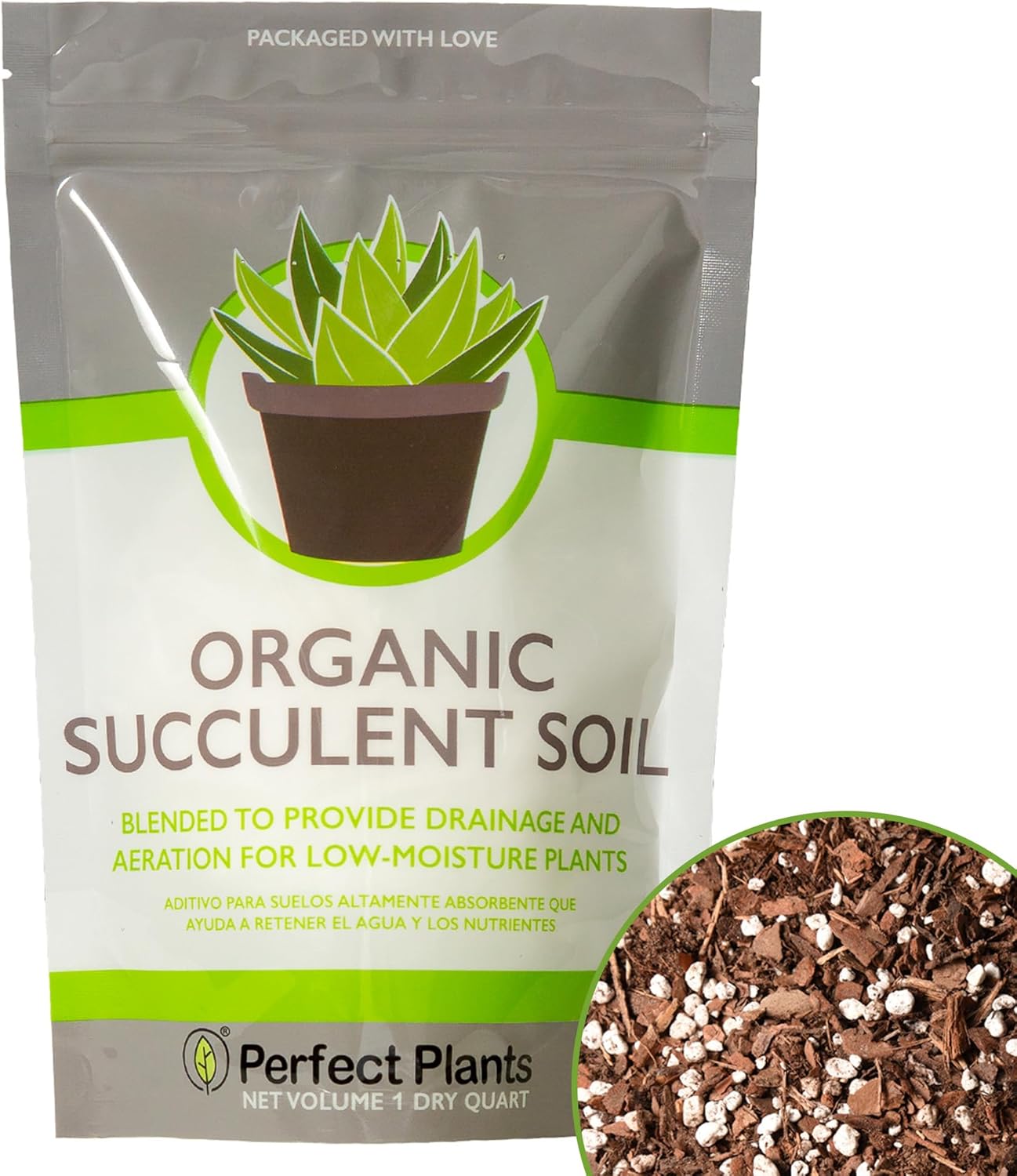 Perfect Plants Succulent & Cactus Soil, 8 qt, Organic Potting Mix | Fast draining blend of peat moss, composted pine bark, perlite and lime for the dry roots cacti love, resealable bag
