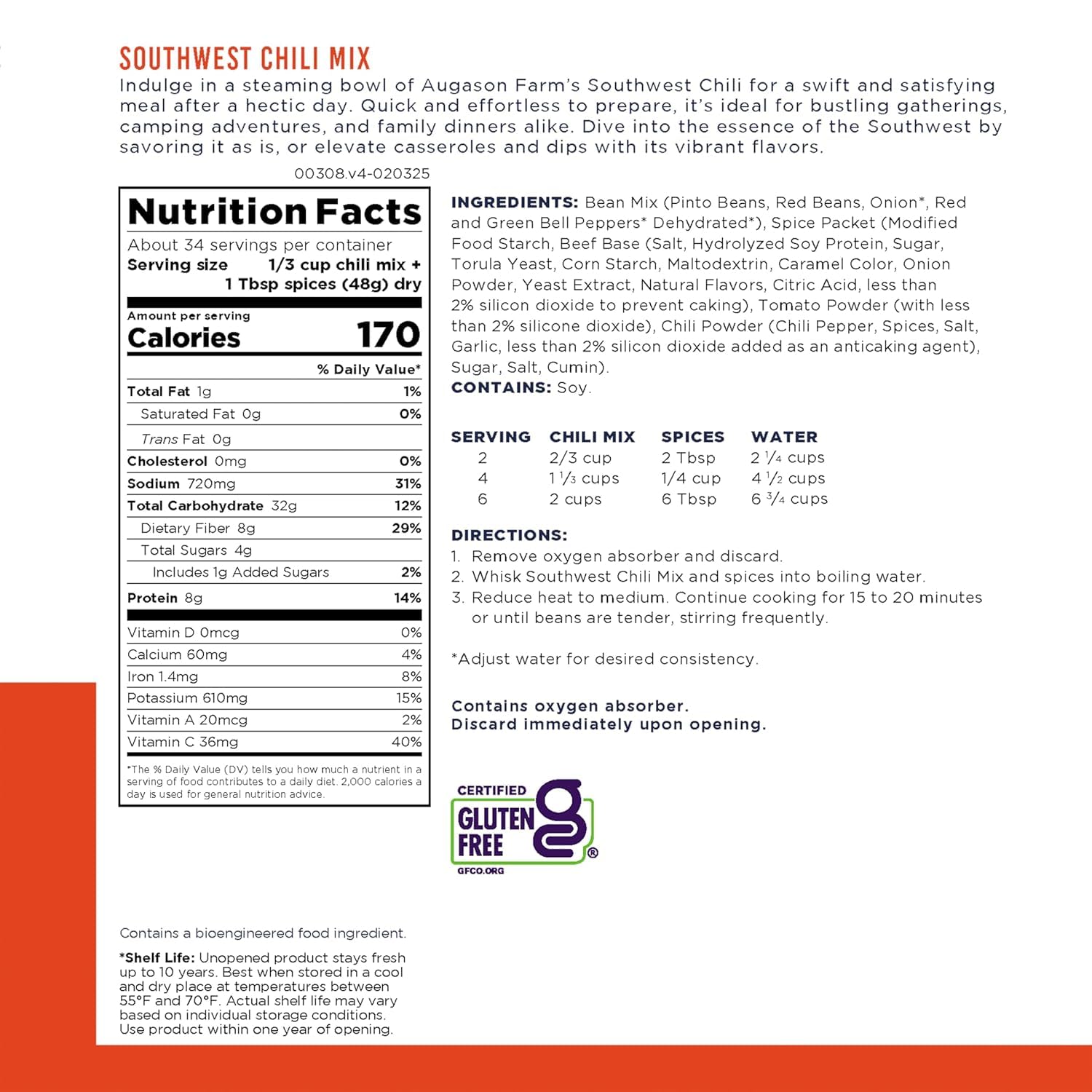 Augason Farms Southwest Chili Mix Can | Emergency Food Supply, 34 Servings, 10 Year Shelf Life, 8 Grams of Protein per Serving, Certified Gluten Free