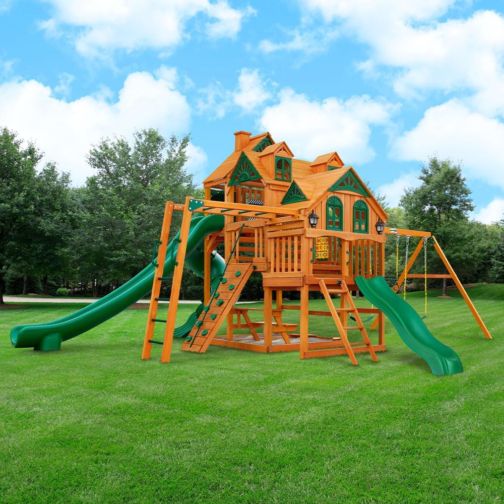Gorilla Playsets 01-0089-AP Empire Wood Swing Set with 3 Play Decks, 3 Slides, and Monkey Bars, Brown