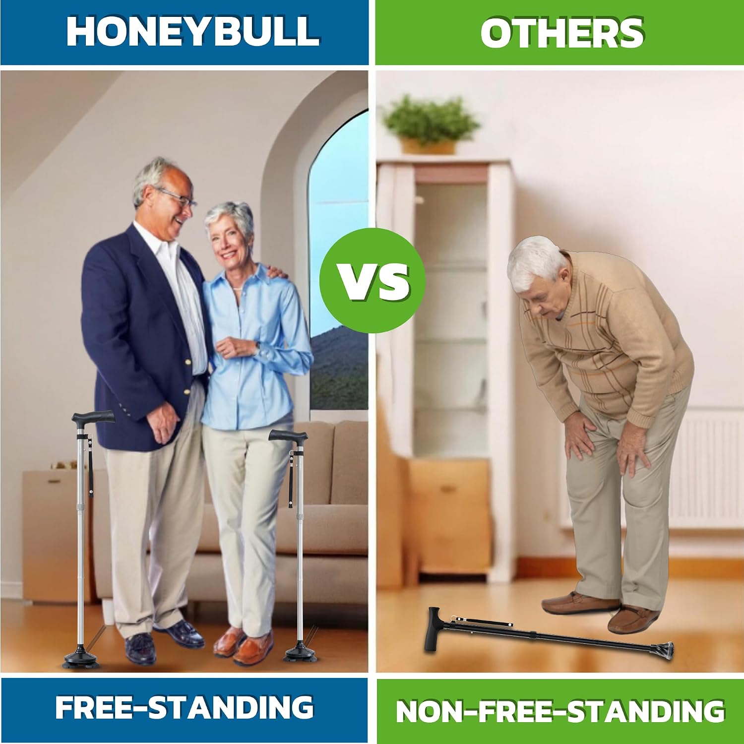 HONEYBULL Walking Cane for Men & Women, Foldable Free Standing Cane | Adjustable height, collapsible design, heavy-duty, pivot base for stable support, ergonomic handle