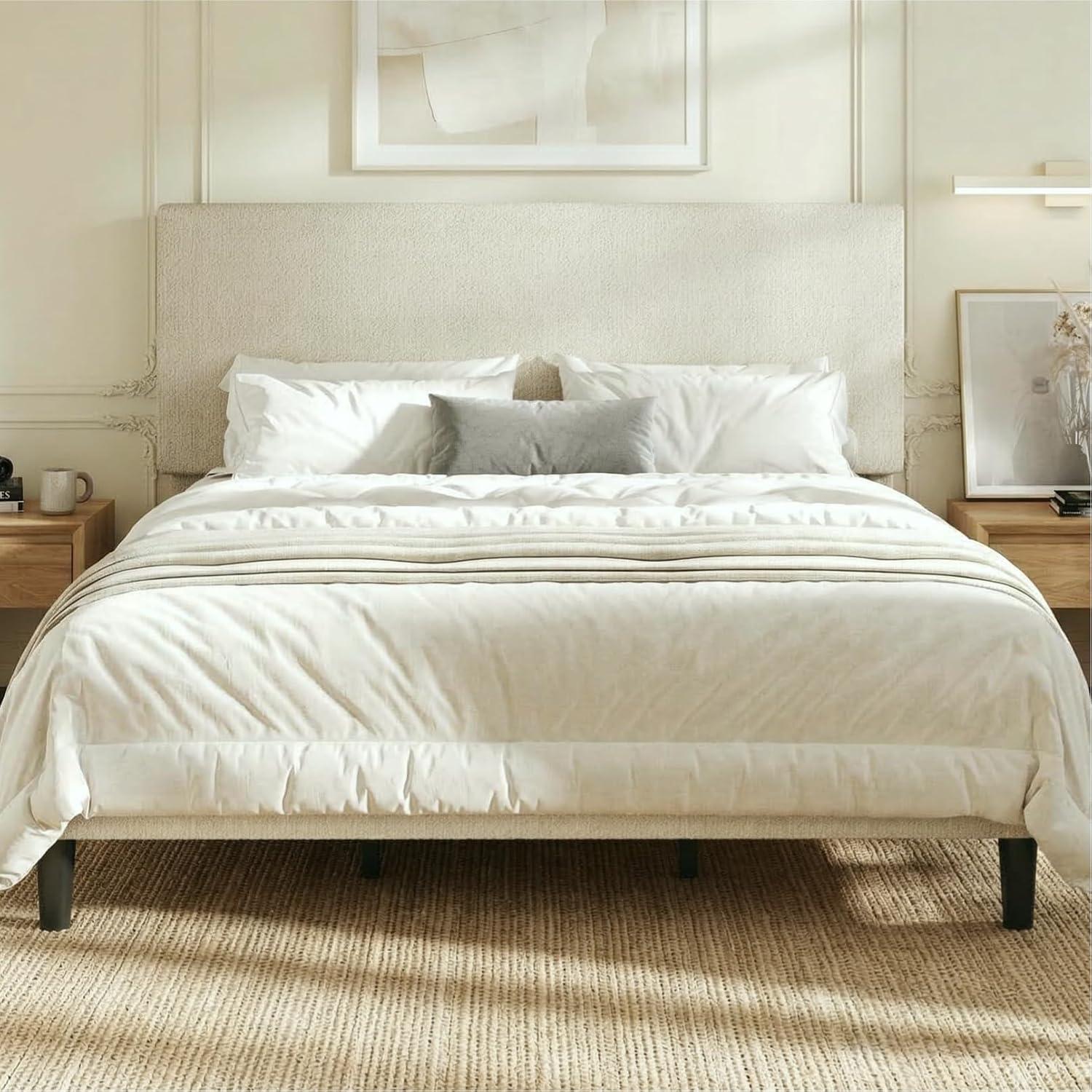 SHA CERLIN Boucle Upholstered Queen Size Bed Frame, White | Platform Bed with Adjustable Headboard, Wooden Slats Support, No Box Spring Needed, Noise-Free, Easy Assembly