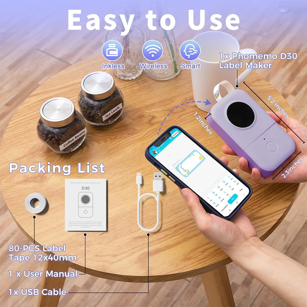 Phomemo Label Maker, D30 Bluetooth Mini Label Maker Machine with Tape