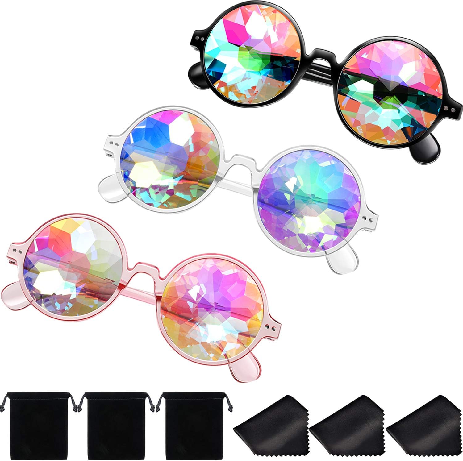 Yaomiao 3 Pieces Kaleidoscope Rave Glasses Goggles Kaleidoscope Sunglasses Diffraction Glasses Prism Rainbow Sunglasses