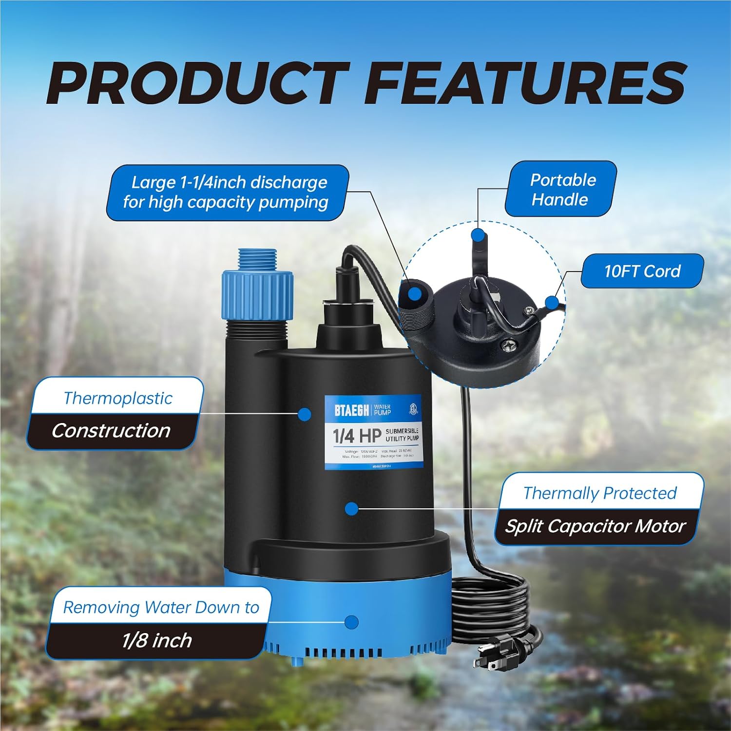 1/4 HP Submersible Water Pump 1800GPH Small Sump Pump Thermoplastic Electric Portable Transfer Utility Pump Clean for Swimming Pool Basement Garden