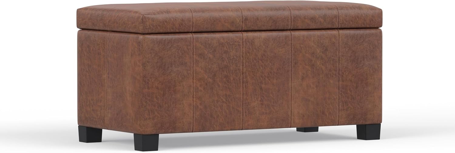 SIMPLIHOME Dover 36" Wide Vegan Leather Storage Ottoman in Midnight Black | Distressed umber brown, contemporary ottoman with lift-top and safety hinges; rectangle storage bench for living room.
