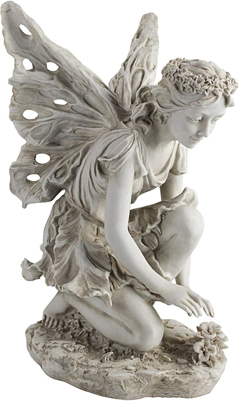 Design Toscano KY71004 Fiona The Flower Fairy Garden Statue, 17 Inch, Antique Stone