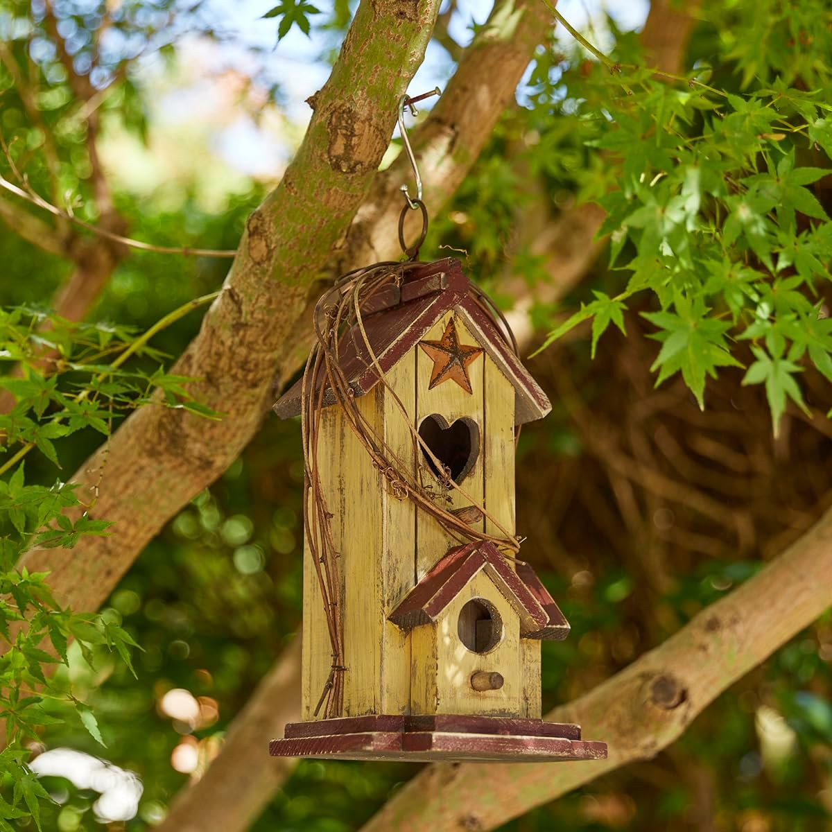 Glitzhome 14" H Hanging Distressed Wooden Church Birdhouse Garden Decor