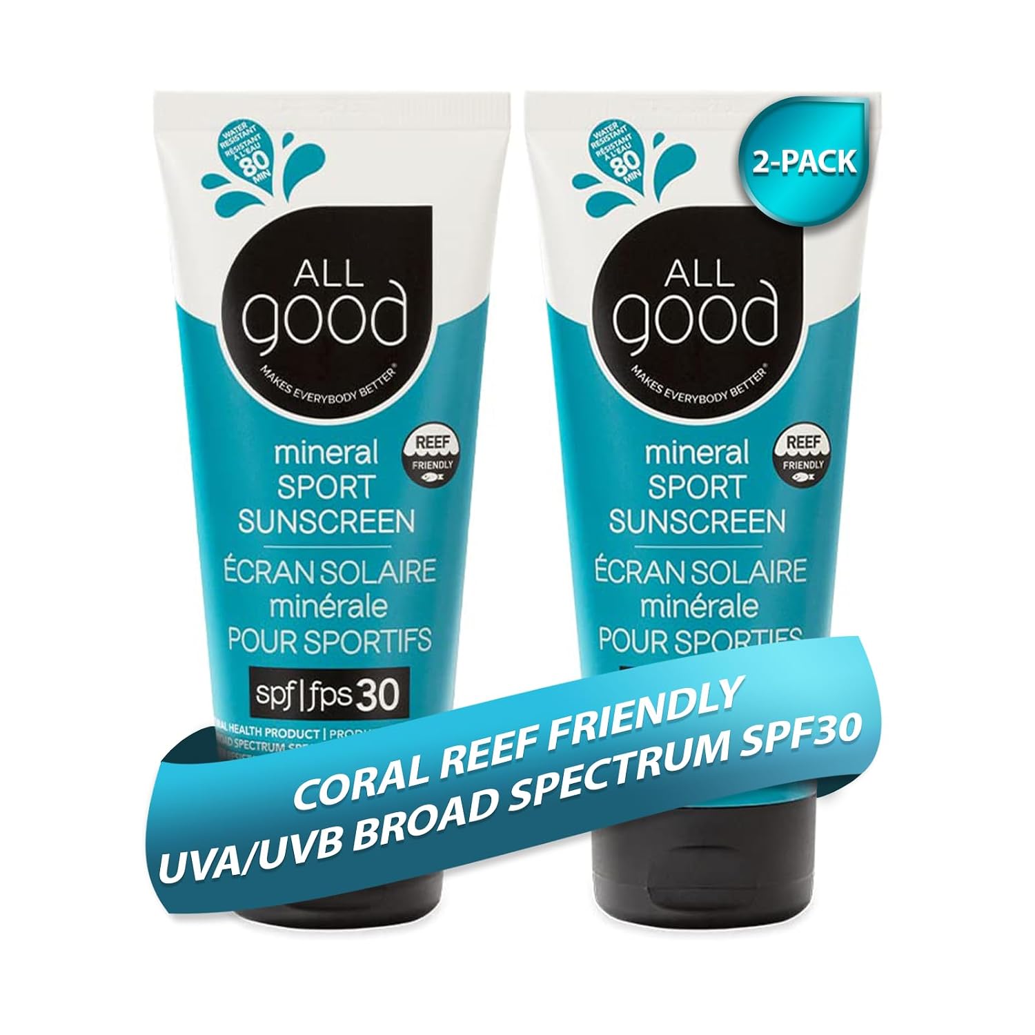 All Good Sunscreen - Sport Mineral Sunscreen Lotion, Reef Friendly, SPF 30+ for Face & Body, Water & Sweat Resistant (3 oz)