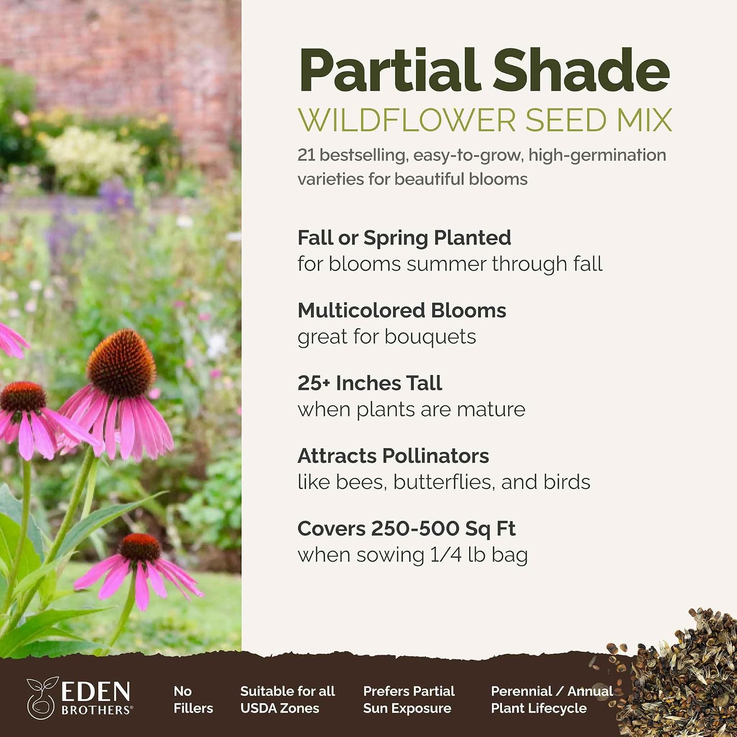 Eden Brothers All Perennial Wildflower Mixed Seeds for Planting, 1 lb, 480,000+ Seeds with Lupine, Shasta Daisy | Attracts Pollinators, Plant in Spring or Fall, Zones 3, 4, 5, 6, 7, 8, 9, 10