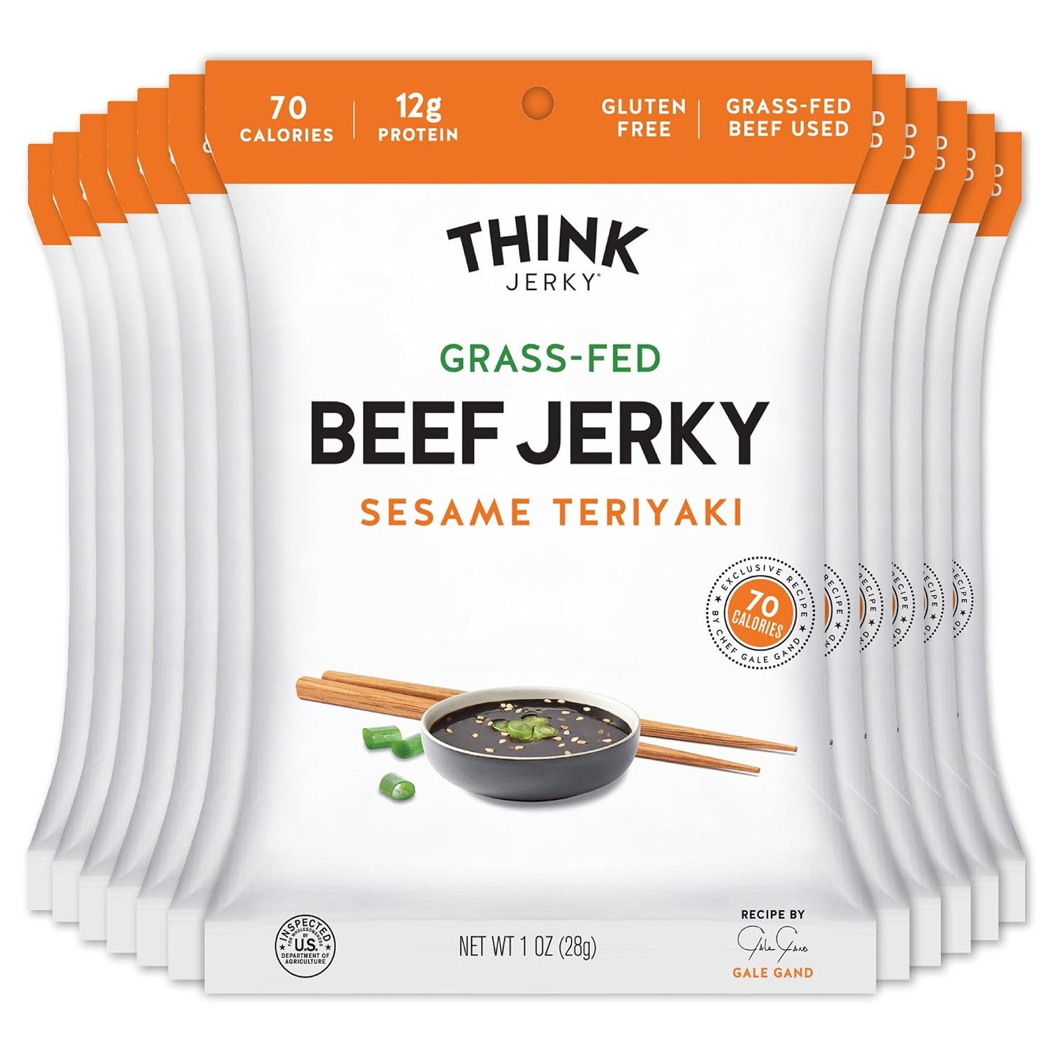 Think Jerky Sesame Teriyaki Beef Jerky, Grass-Fed High Protein Beef Jerky, Gluten Free, No Antibiotics or Nitrates, Healthy Chef Crafted Recipe, Low Calorie and Low Fat - 2.2 oz Bags, 4 Pack