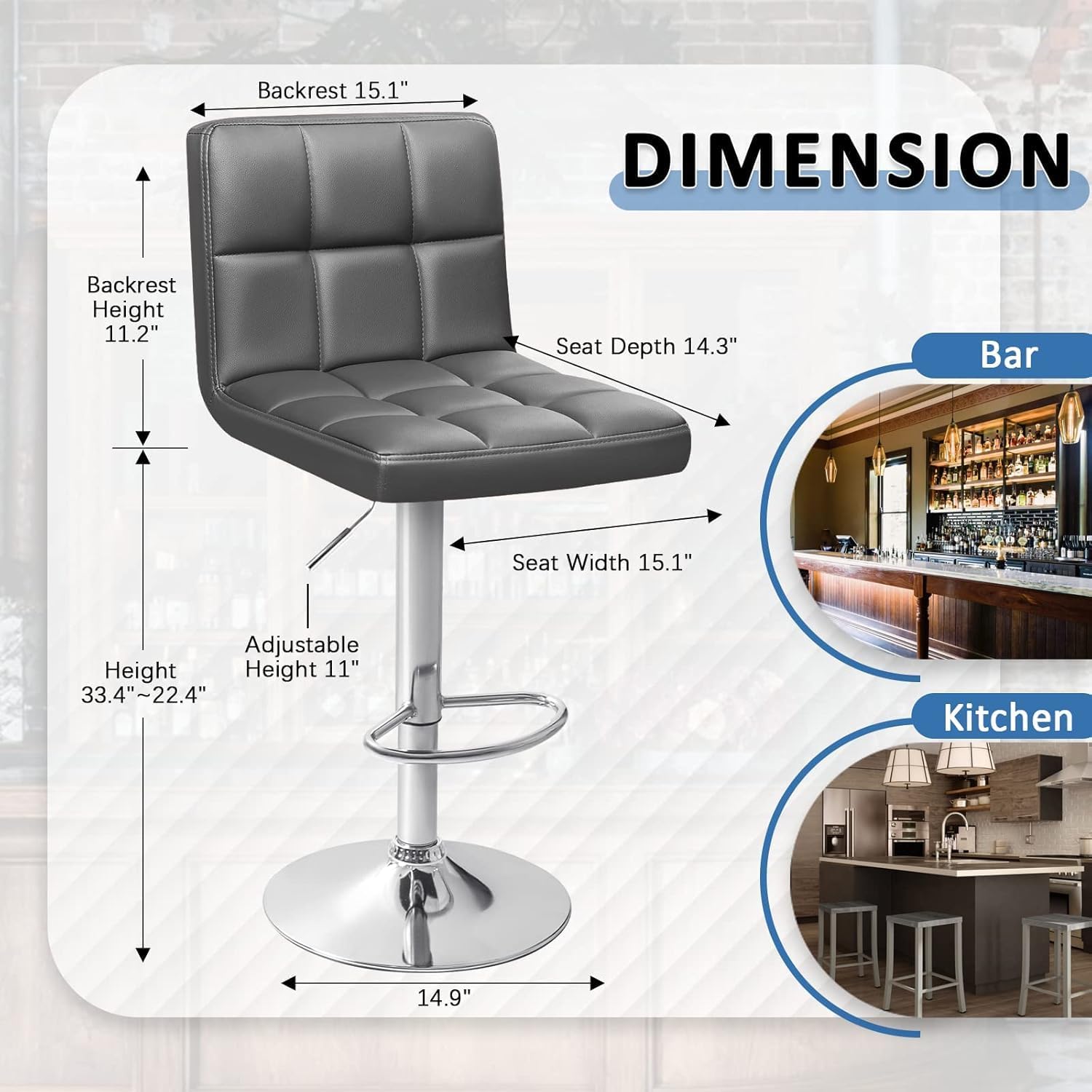 Homall Bar Stools Modern PU Leather Adjustable Swivel Barstools, Armless Hydraulic Kitchen Counter Bar Stool Extra Height Square Island Barstool with Back Set of 2 (Leather, White)