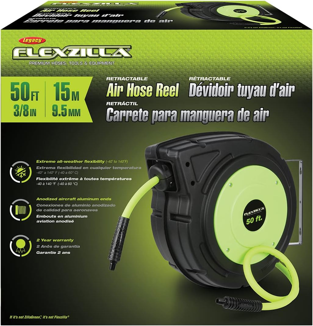 Flexzilla Retractable Enclosed Plastic Air Hose Reel, 3/8 in. x 50 ft., Heavy Duty, Lightweight, Hybrid, ZillaGreen - L8250FZ