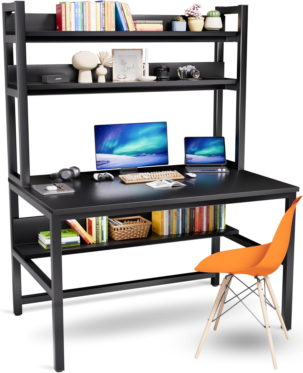 Aquzee Computer Desk with Shelves, 47" W x 23.6" D Gaming Desk with Hutch and Bookshelf