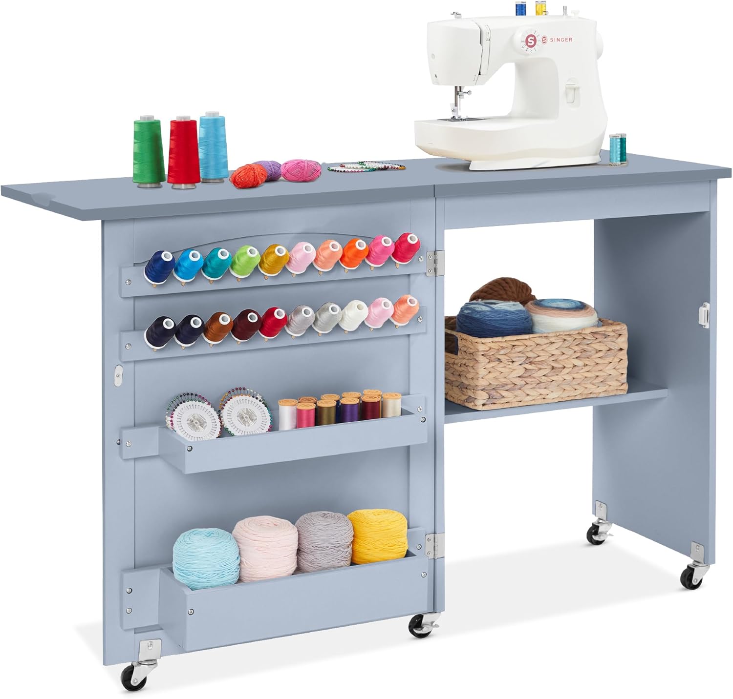 Best Choice Products Folding Sewing Table Multipurpose Craft Station & Side Desk with Compact Design, Wheels, Shelves, Storage Trays, Pegs