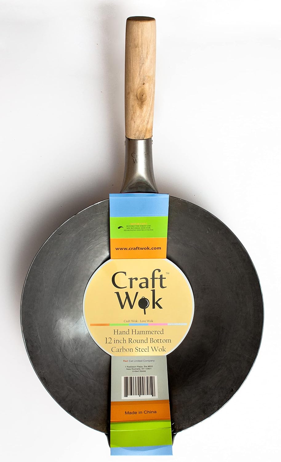 Craft Wok Traditional Hand Hammered Chinese Carbon Steel Wok with Wooden and Steel Helper Handle (14 Inch, Round Bottom Pow Wok Pan) / 731W88