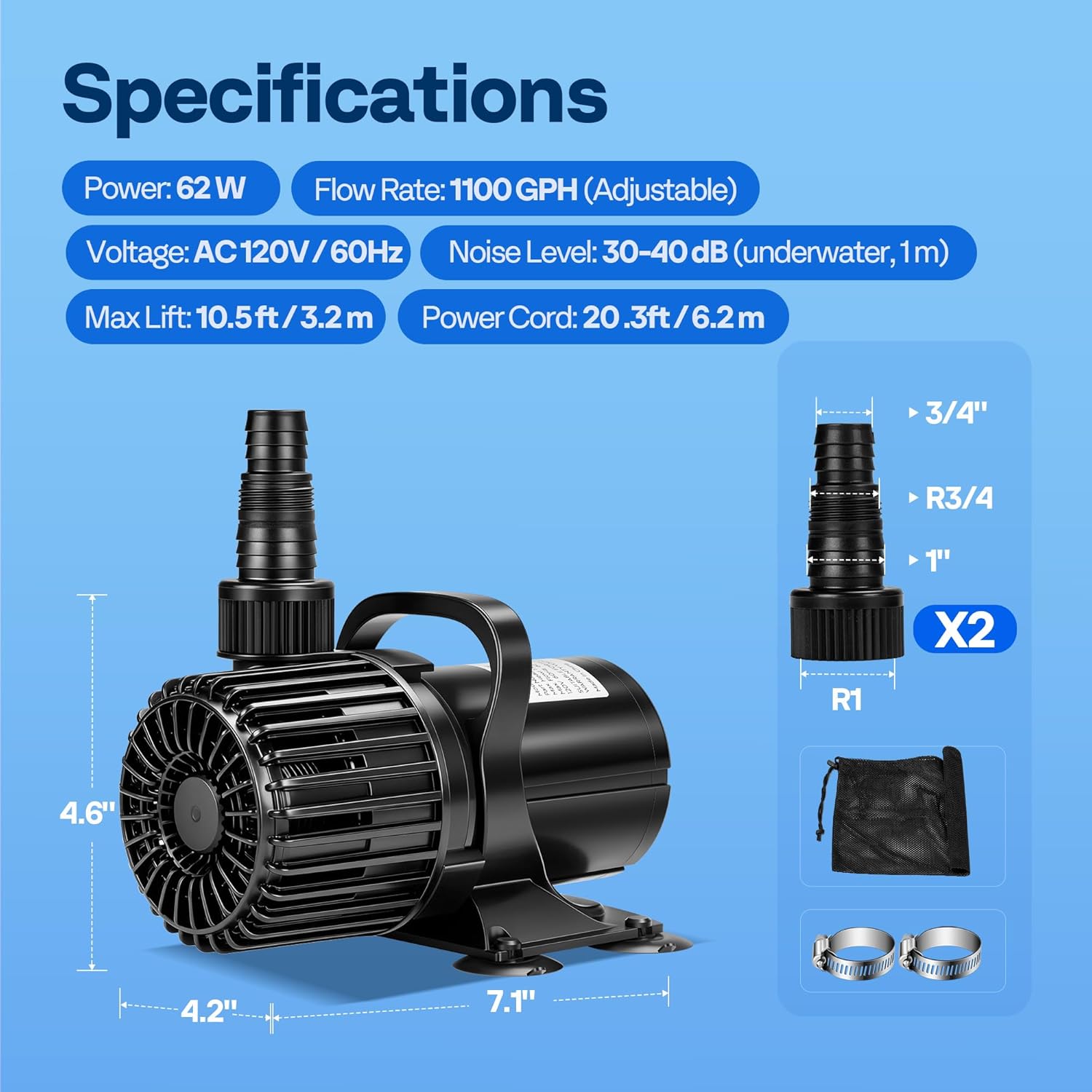 VIVOHOME 100W Pond Pump, 1600GPH Submersible Water Pump for Koi Pond