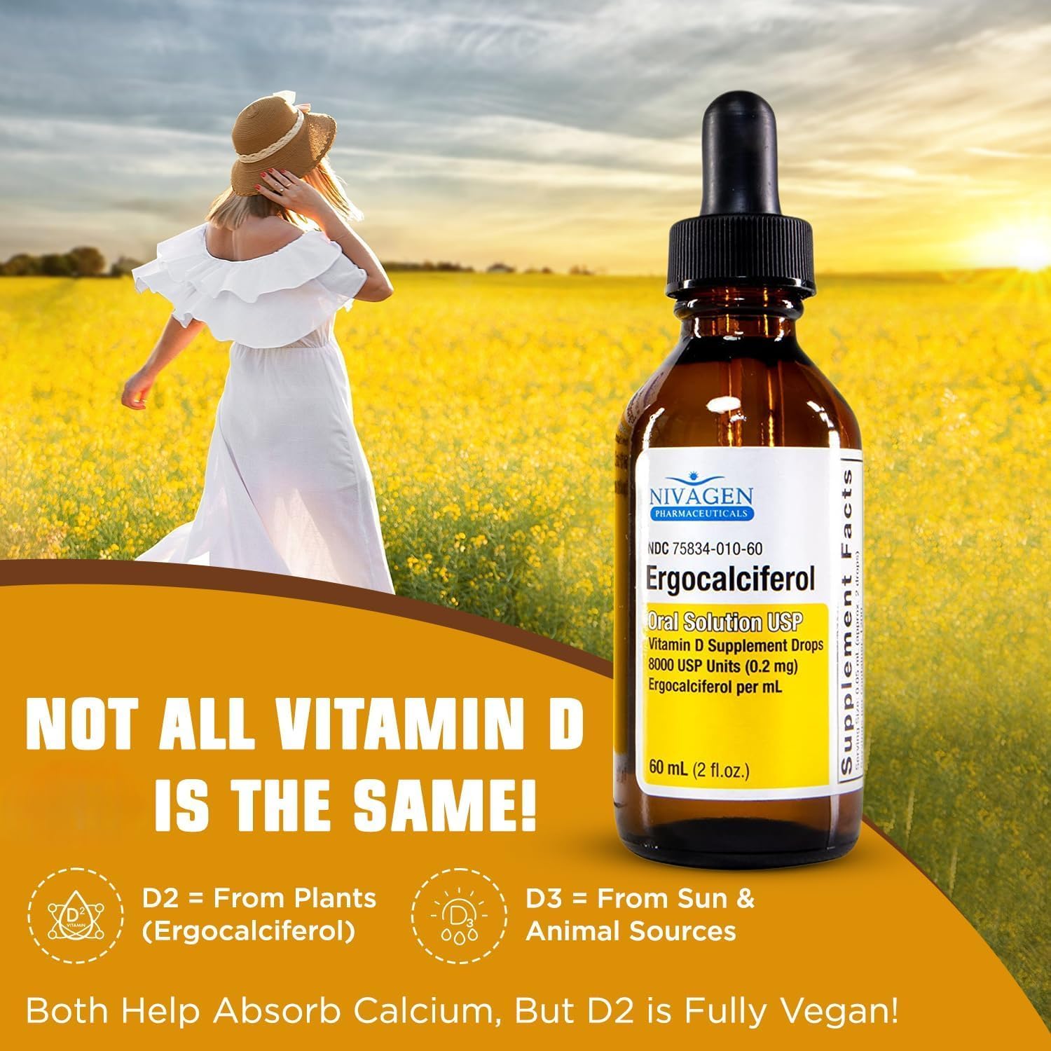 Nivagen Vitamin D2 Liquid Drops 8, 000 USP (Ergocalciferol) | 400 IU per Serving | 2 Drops Once Daily | 1, 200 Servings