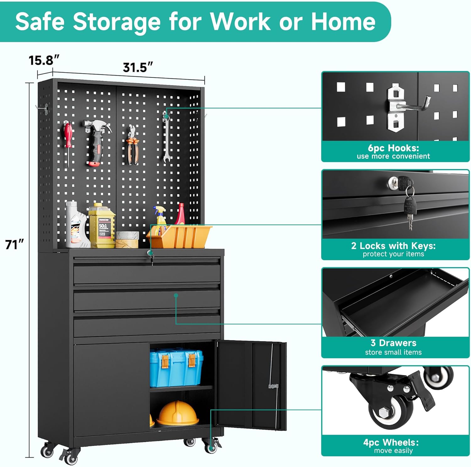 Metal Storage Cabinet with Wheels and Drawers, Rolling Garage Storage Cabinet with Lock, Black Metal Tool Cabinet with Hooks