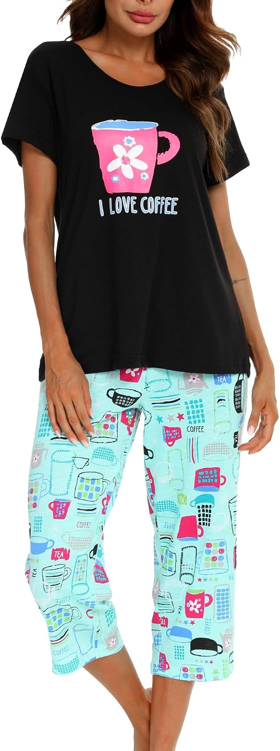 ENJOYNIGHT Womens Pajama Set Cotton Summer Pj Top with Capri Pant Sleepwear