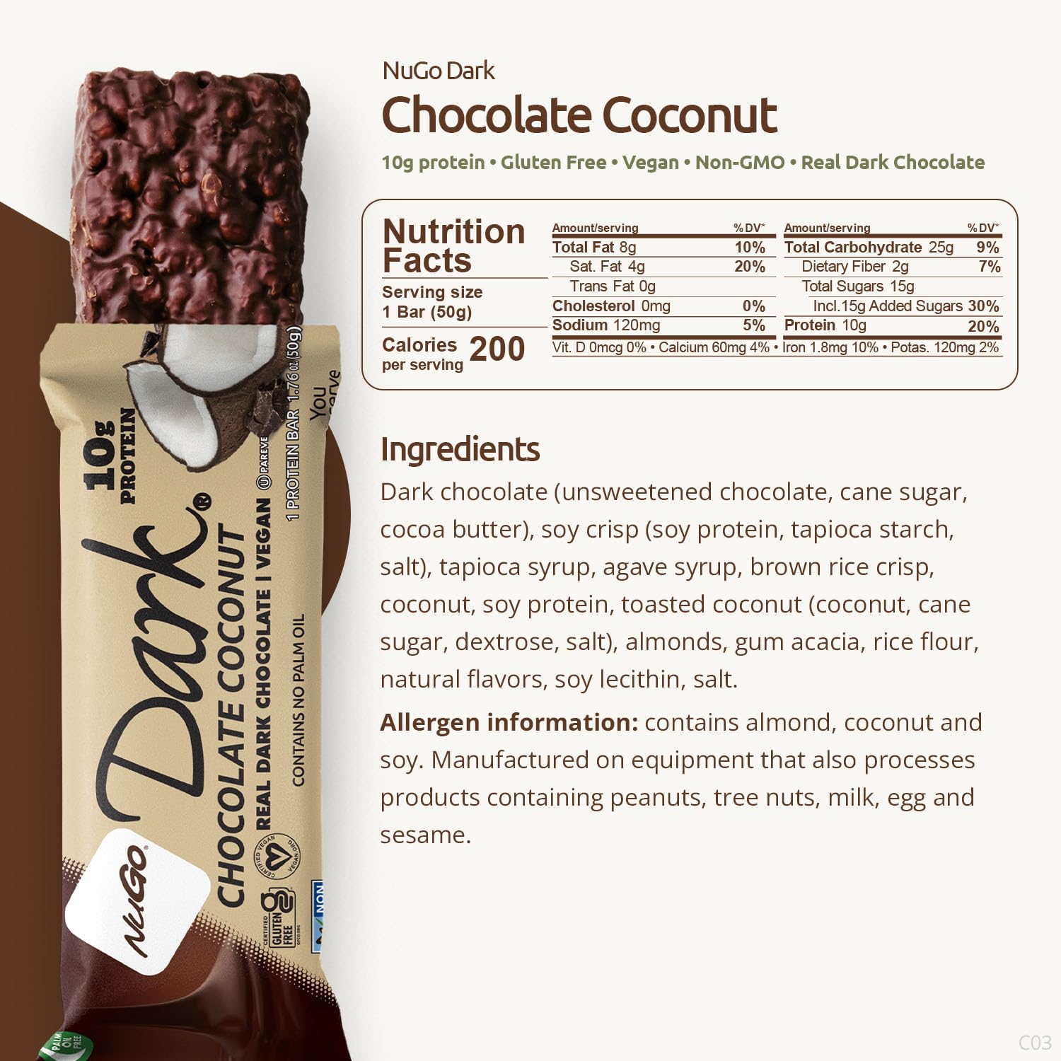 NuGo Dark, Mint Chocolate Chip, 13g Vegan Protein Bar, Gluten Free, 24 CT