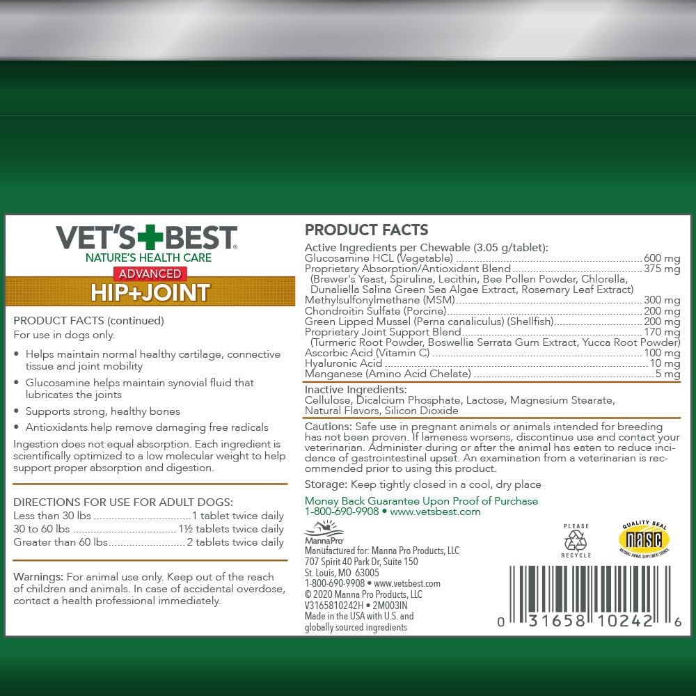 Vet's Best Advanced Hip & Joint Supplement for Dogs, Glucosamine, 50 Count | Glucosamine & Chondroitin Formula, Supports Joint Mobility