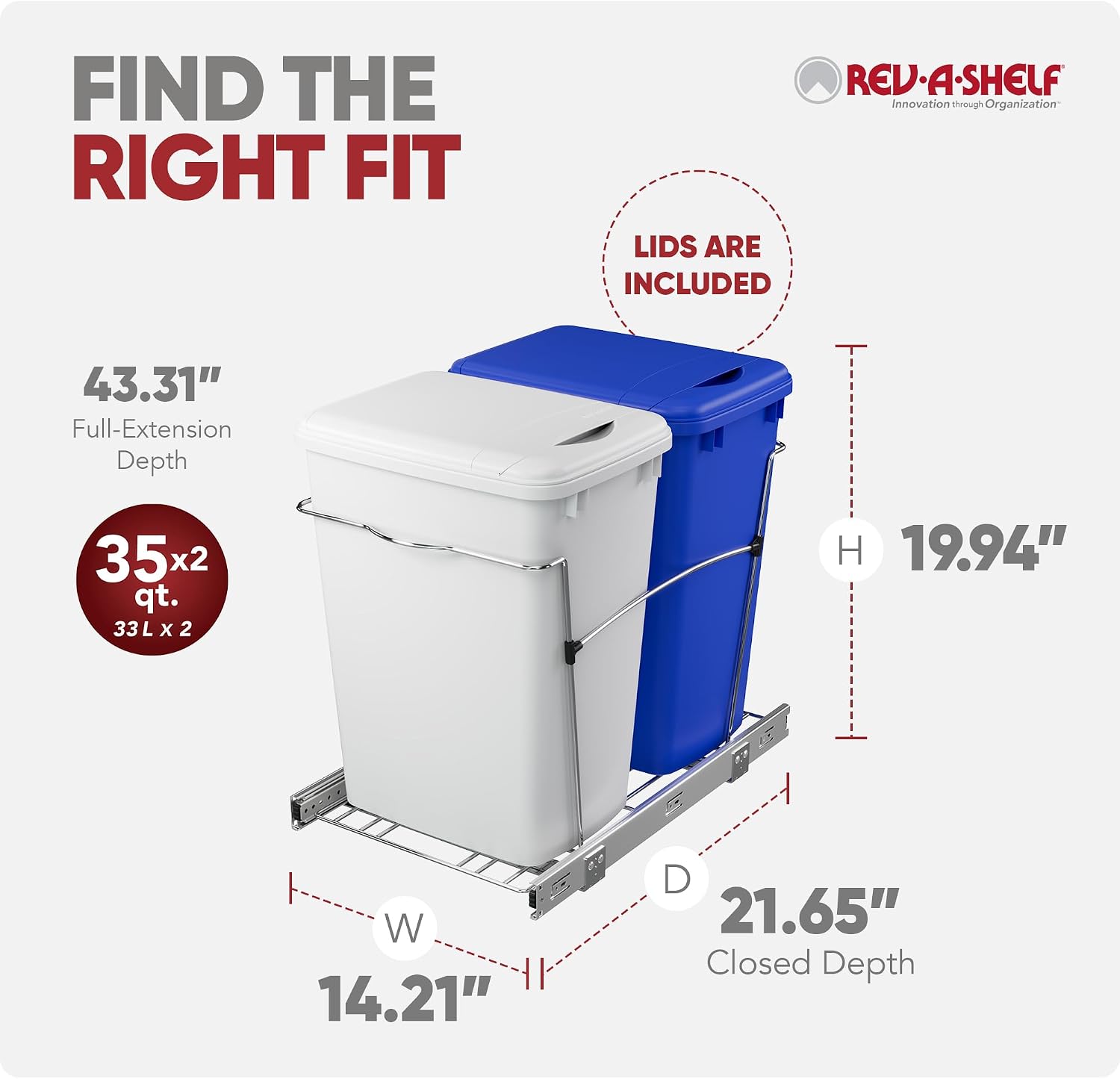 Rev-A-Shelf Double Pullout Garbage Trash Cans for Kitchen Cabinets, 35 Qt