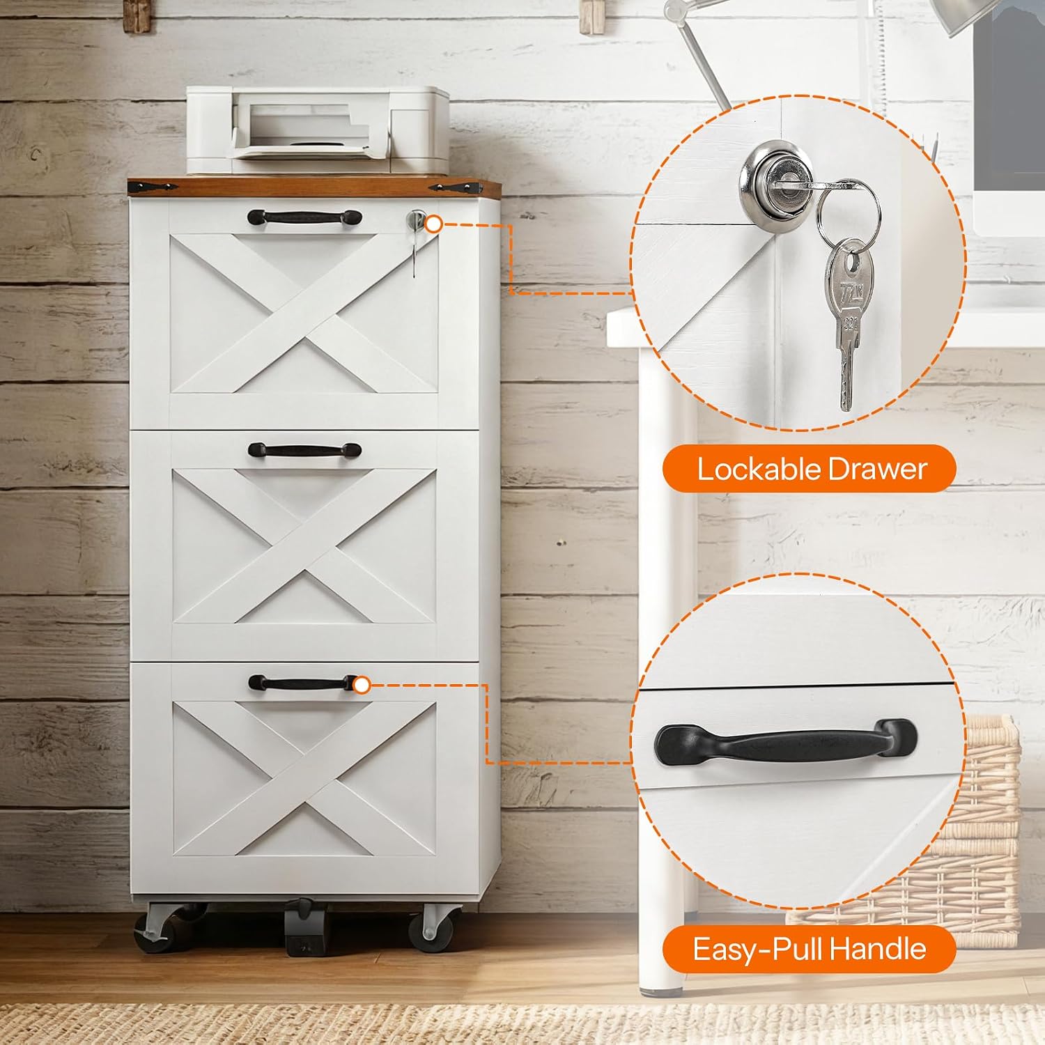 HOOBRO 3 Drawer File Cabinet with Lock, Mobile Filing Cabinet for Home Office, Wooden Farmhouse Office Storage Cabinet, Printer Stand Fits Letter and A4 Size, Walnut and White WH93WJ01G1
