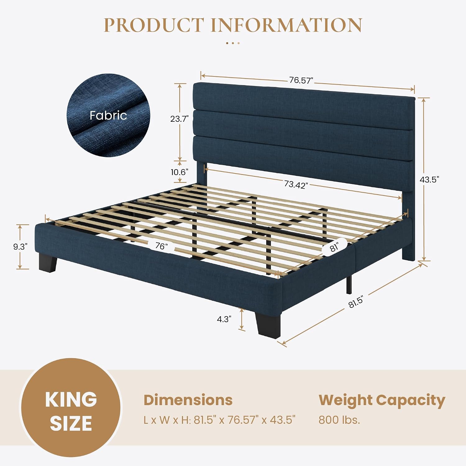 SHA CERLIN Full Platform Bed Frame with Upholstered Fabric Headboard, Grey