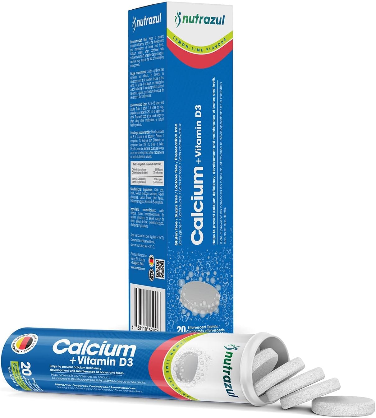 Nutrazul Calcium + Vitamin D3 Effervescent Tablets, for Bone Health Maintenance, 500 mg Calcium and 2.5 mcg Vitamin D3