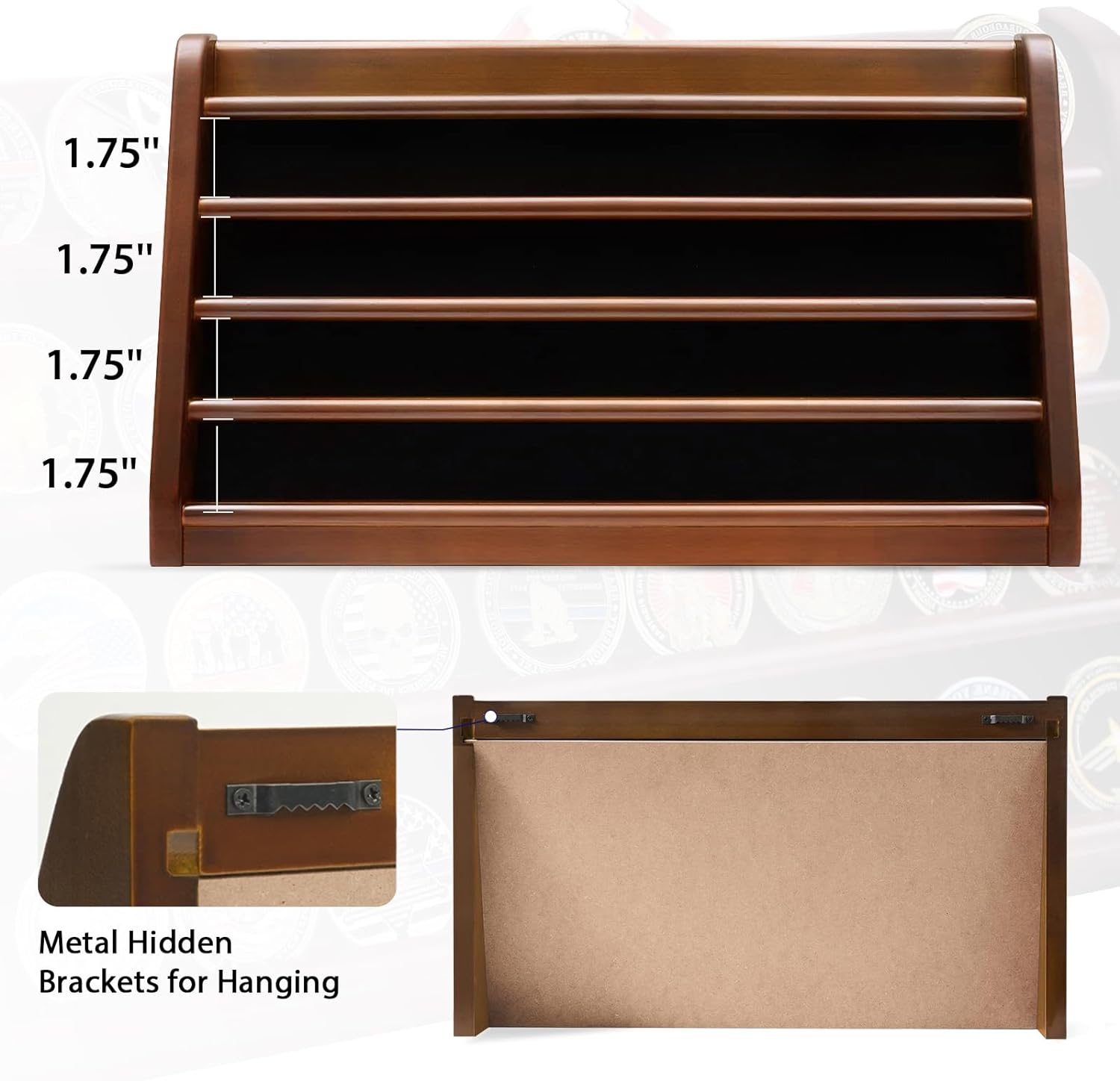 ASmileIndeep 3 Rows Wooden Challenge Coin Wall Display Stand - Military Coin Holder Army Coins Rack, Holds 21-24 Coins, Mahogany