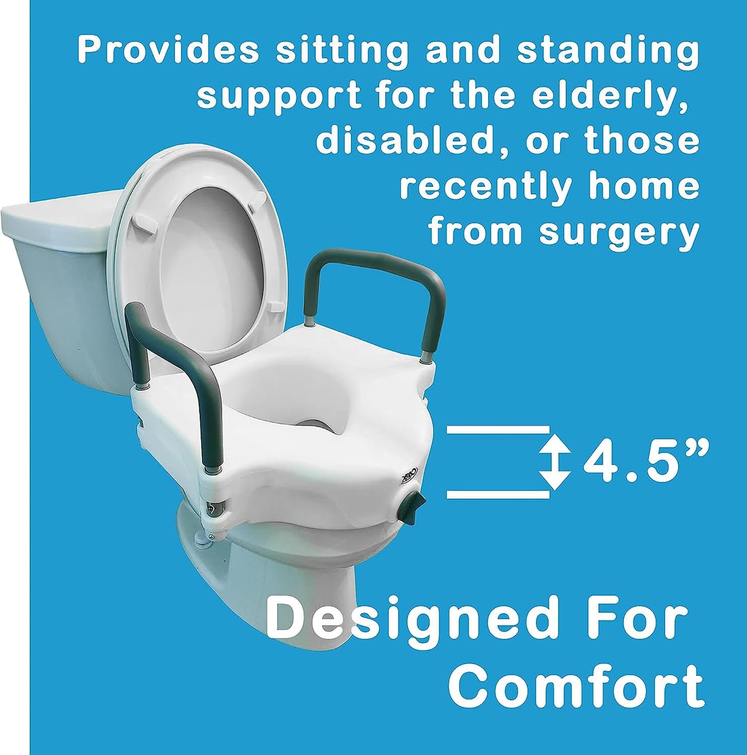 ProBasics E-Z Lock Raised Toilet Seat with Handles, 4.5" Toilet Seat Riser with Arms, Fits Most Elongated and Round Toilets, 17" Seat Width & Height