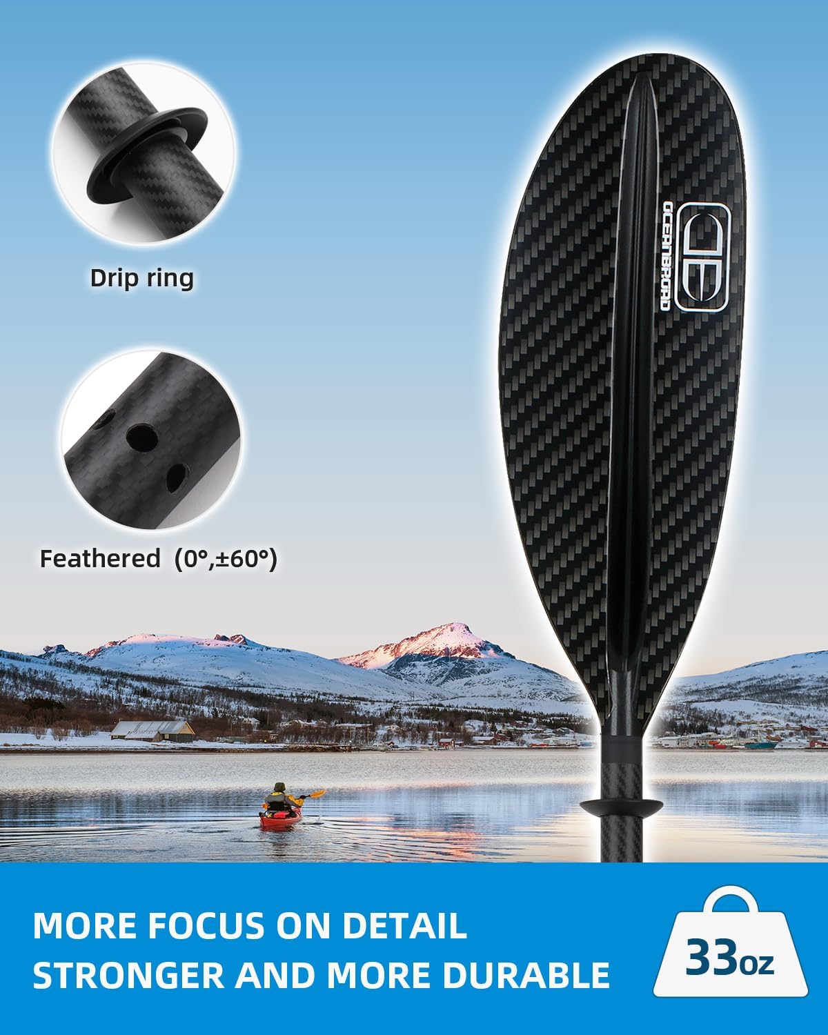 OCEANBROAD Carbon Fiber Kayak Paddle 90.5in/230cm, 86in/218cm for Adults Kayaking Boating Canoeing Oar with Paddle Leash