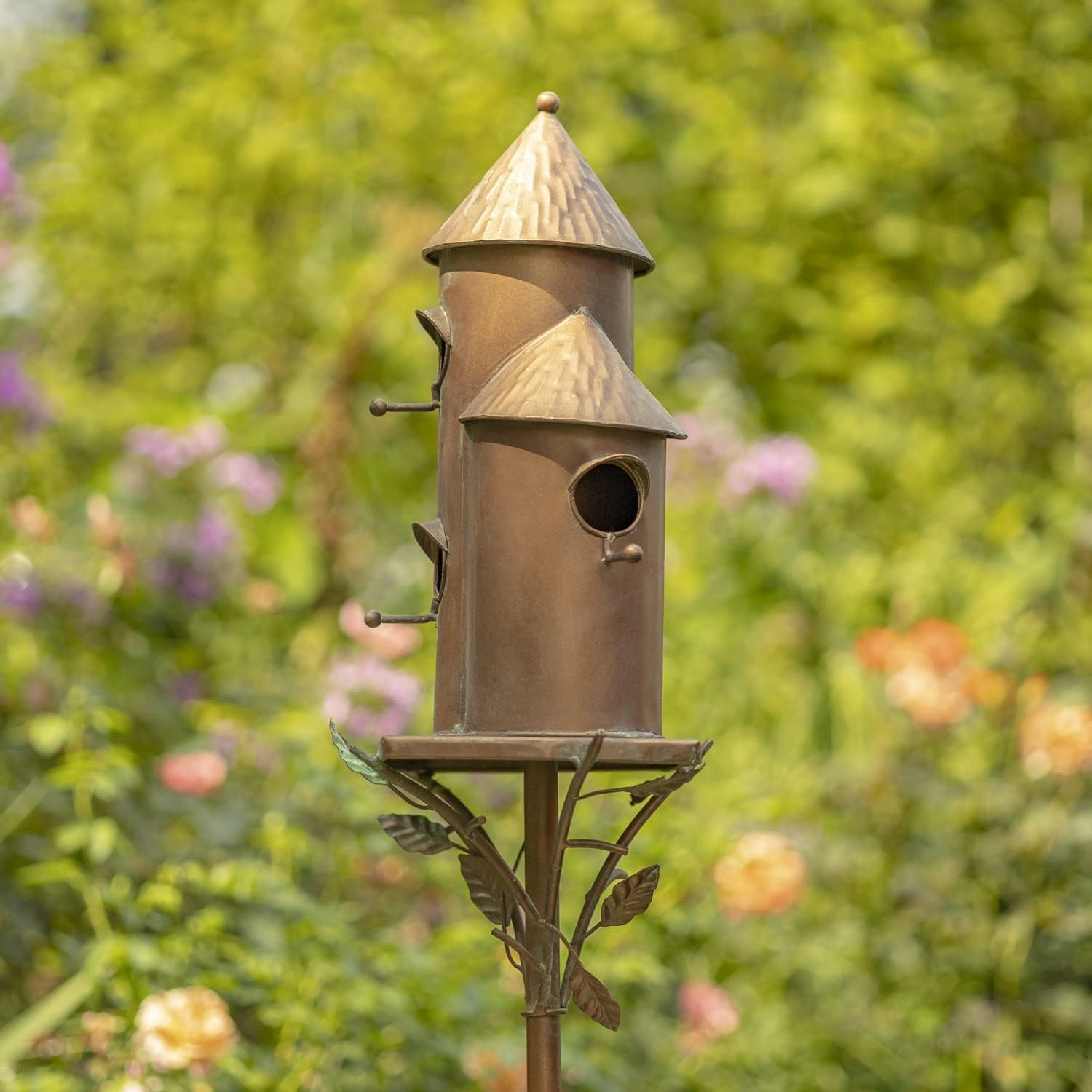 Large Copper Colored Multi-Birdhouse Stakes, Room for 4 Bird Families in Each (Cube Homes with Pyramid Roofs)