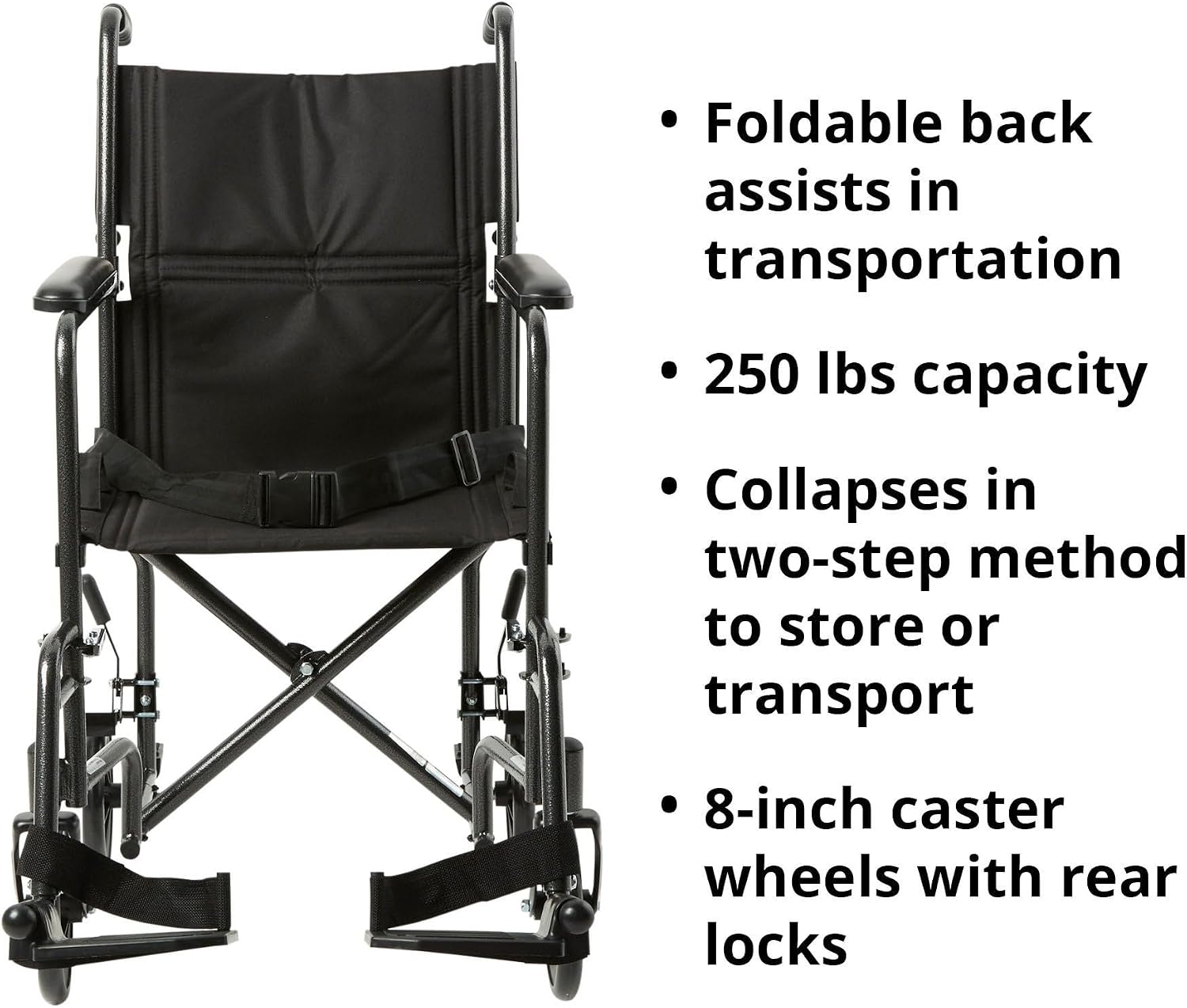 McKesson Transport Wheelchair, Silver, Black, 19 in, 1 ct | Lightweight, Steel, Silver Vein Finish