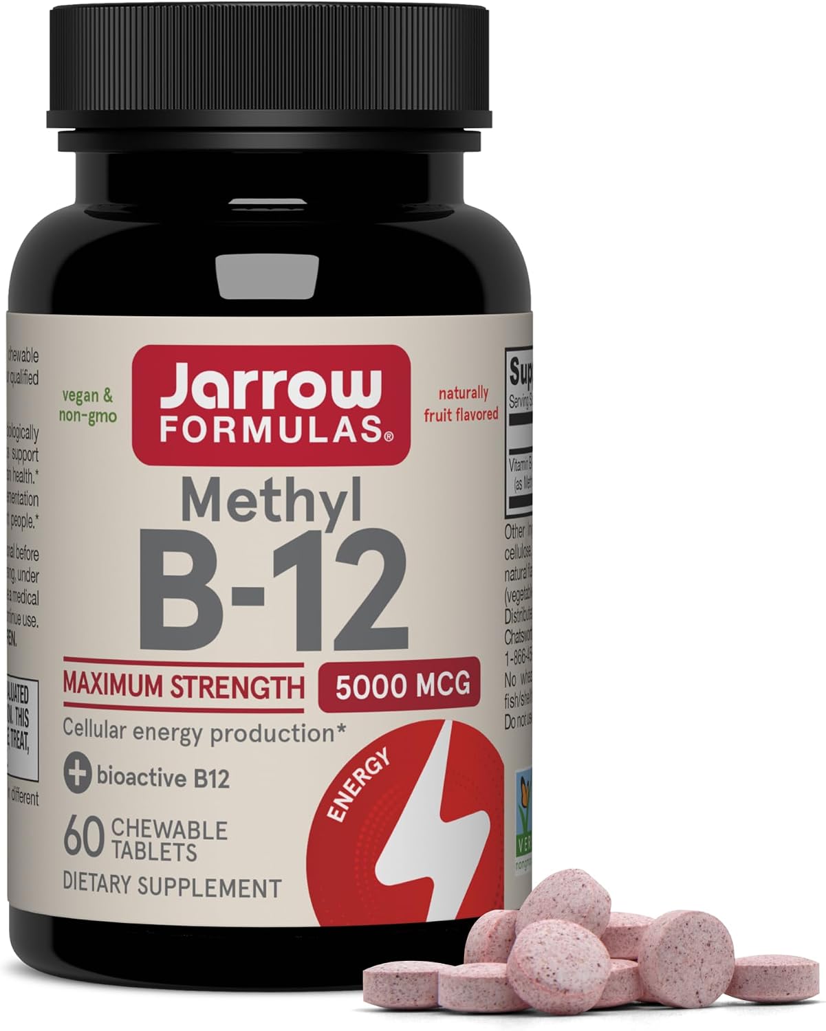 Jarrow Formulas Methyl Vitamin B12 5000 mcg - 60 Chewable Tablets, Naturally Fruit Flavored- Bioactive B12 Vitamin - Supports Cellular Energy Production, Brain Health & Metabolism - 60 Servings | Fruit Flavored, Bioactive B12 Vitamin, Supports Cellular E…