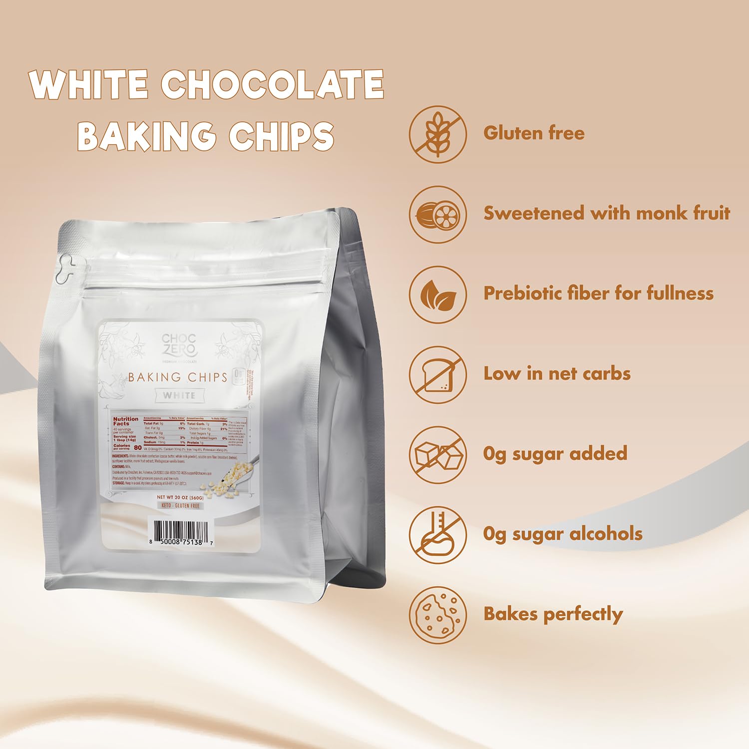 ChocZero Sugar Free Chocolate Chips, Milk Chocolate, 20 oz Bag