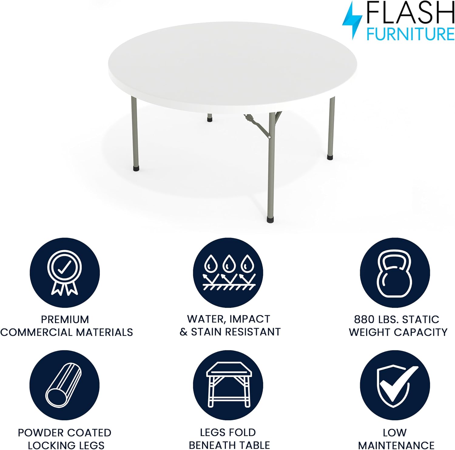 Flash Furniture 5' Round All-Occasion Plastic Folding Event Table for Parties and Trade Shows, Folding Banquet Table for Indoor/Outdoor Events, White