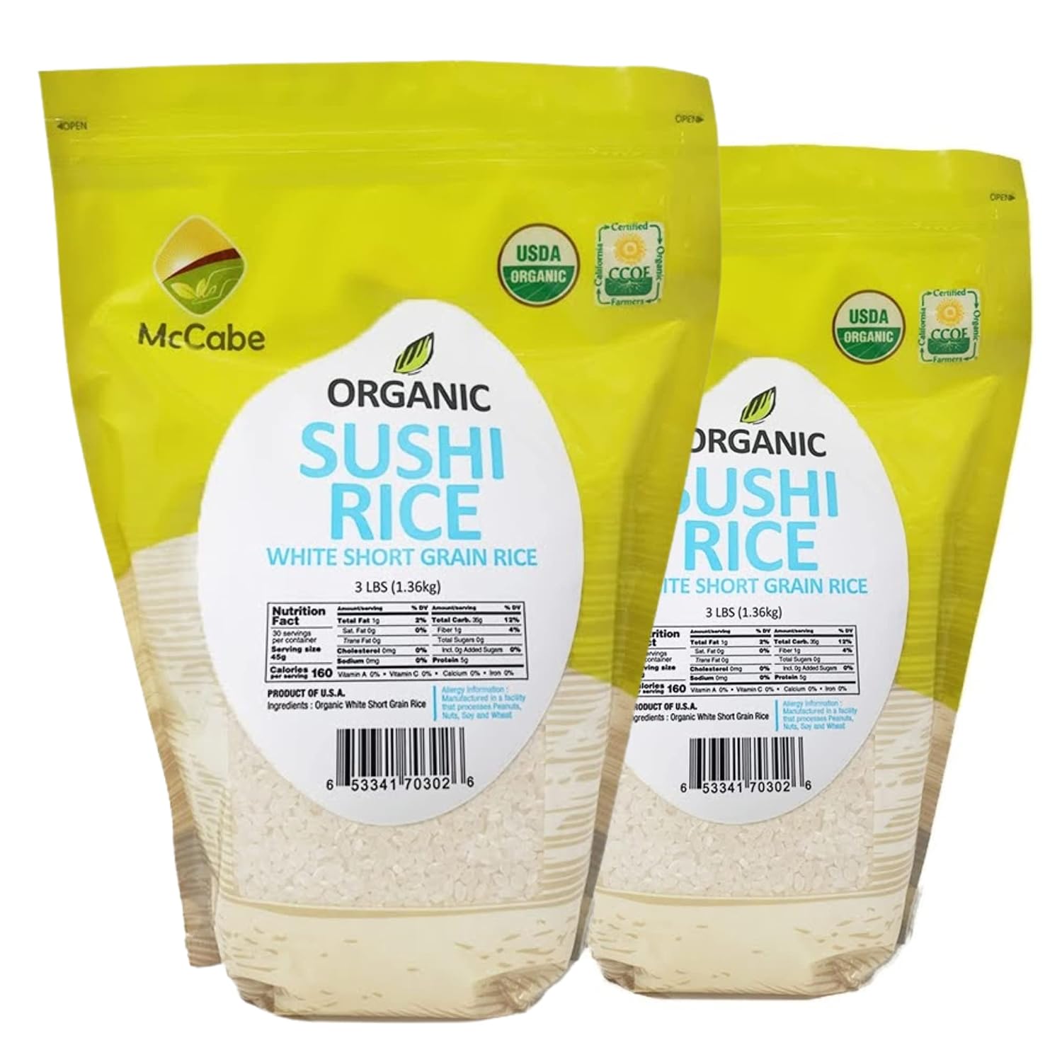 McCabe Organic Sweet Rice - Gluten Free & GMO-Free | Rich in Fibers and Minerals | USDA and CCOF Certified Organic | Product of USA | 3 Lbs