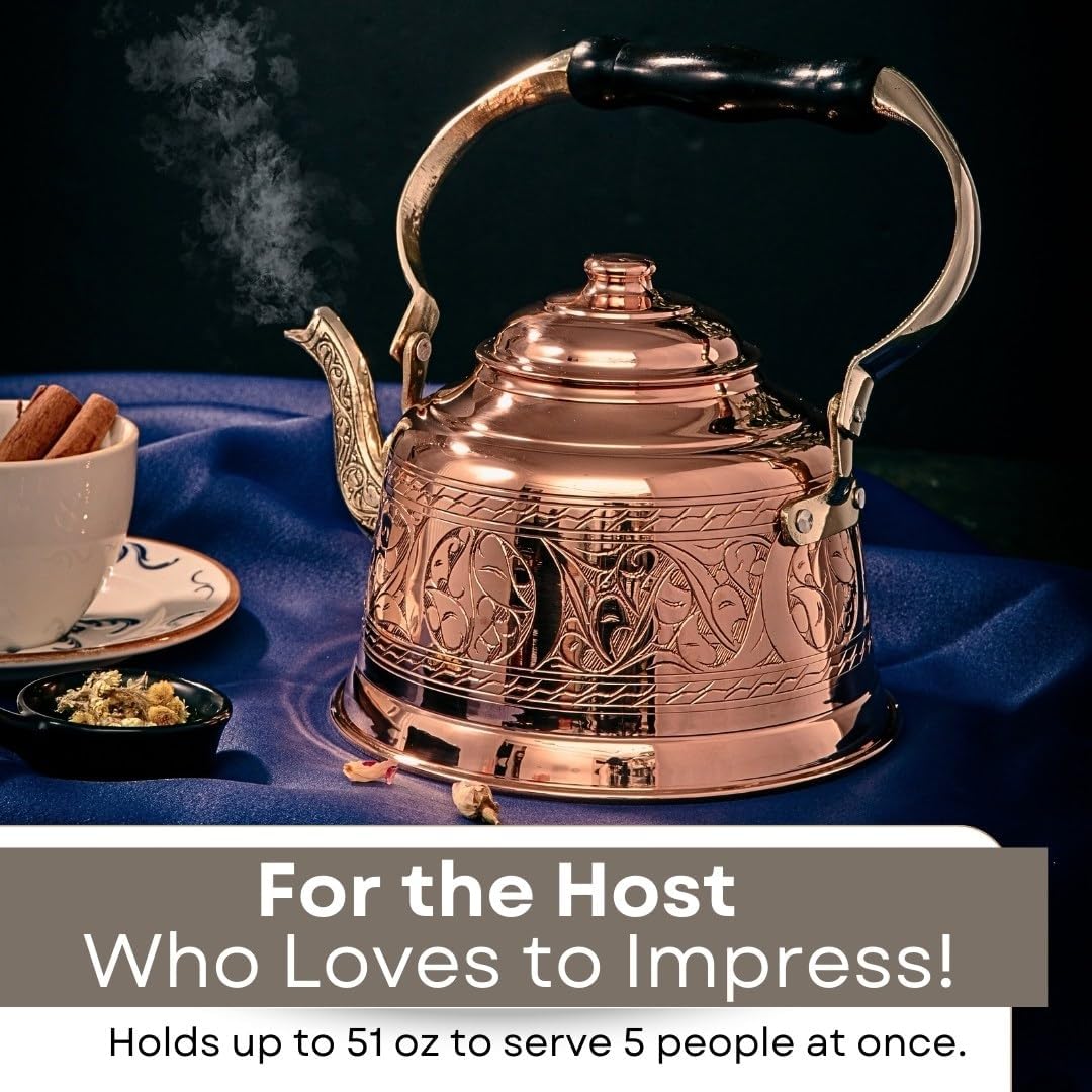 DEMMEX Heavy Gauge 1mm Thick Engraved Solid Copper Tea Pot Kettle Stovetop Teapot, Handmade (1.6-Quarts - Engraved)