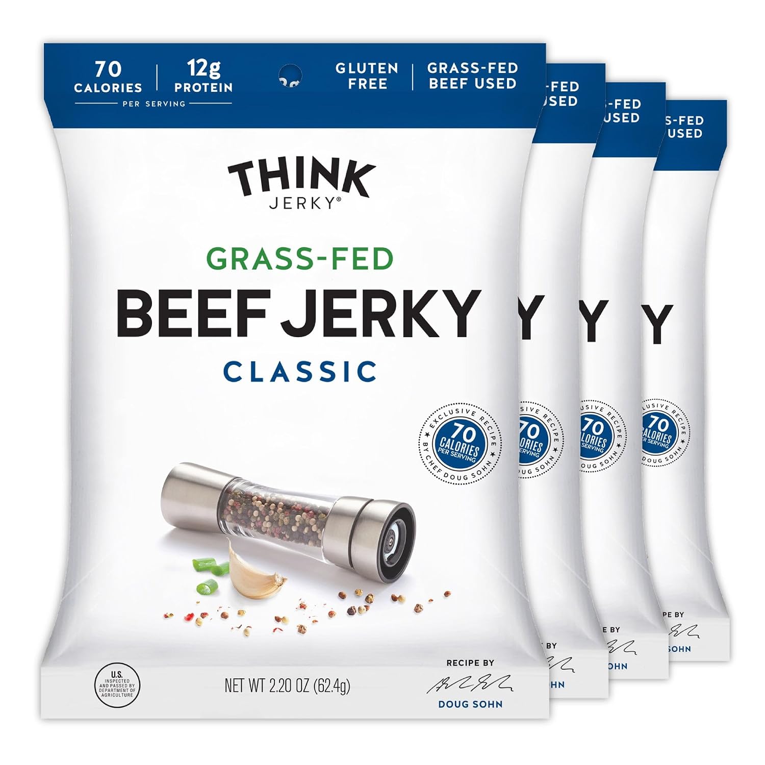 Think Jerky Sesame Teriyaki Beef Jerky, Grass-Fed High Protein Beef Jerky, Gluten Free, No Antibiotics or Nitrates, Healthy Chef Crafted Recipe, Low Calorie and Low Fat - 2.2 oz Bags, 4 Pack