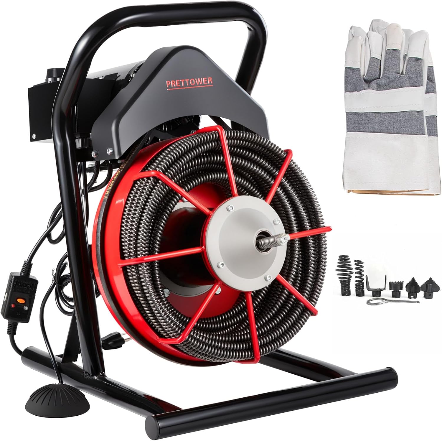 drain cleaner machine，75 Ft x1/2 Inch Electric drain auger, Portable Design, Comes with 6 knife heads, gloves，Foot air switch control