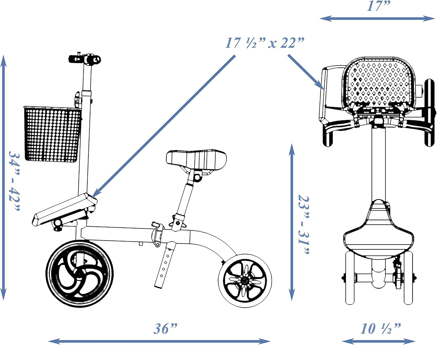 Smooth Seated Knee Scooter, Slow Propelled Steerable Mobility Knee Walker Crutches, Wheelchair Alternative with Dual Brakes